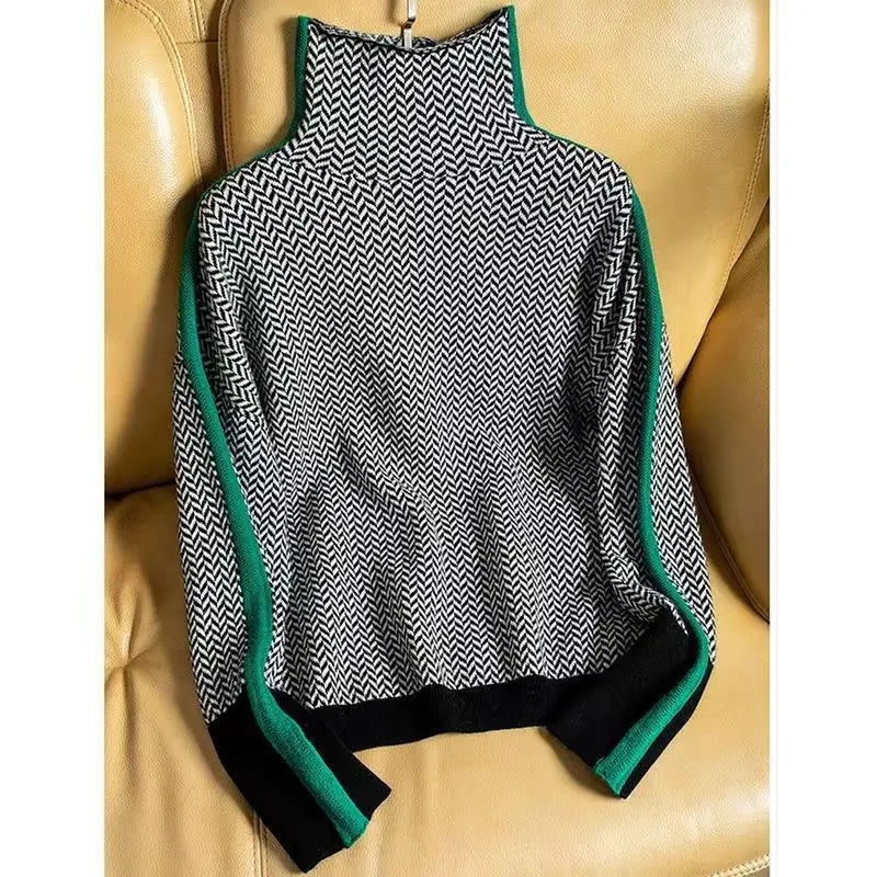 Charlie | Women's Herringbone Turtleneck Jumper with Ribbed Cuffs - Green