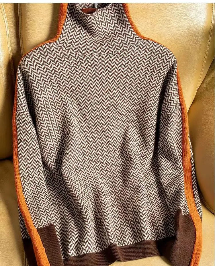 Charlie | Women's Herringbone Turtleneck Jumper with Ribbed Cuffs - Orange