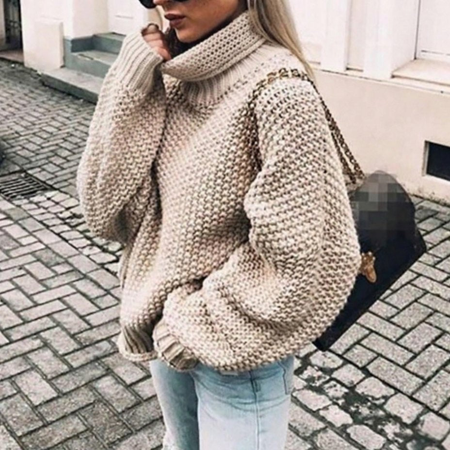 Charlotte | Women's Oversized Turtleneck Chunky Open-Knit Sweater with Balloon Sleeves - Khaki