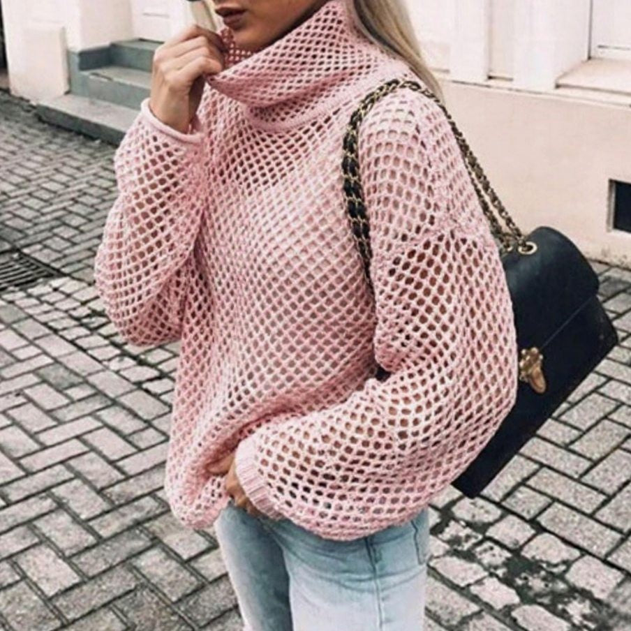 Charlotte | Women's Oversized Turtleneck Chunky Open-Knit Sweater with Balloon Sleeves - Pink