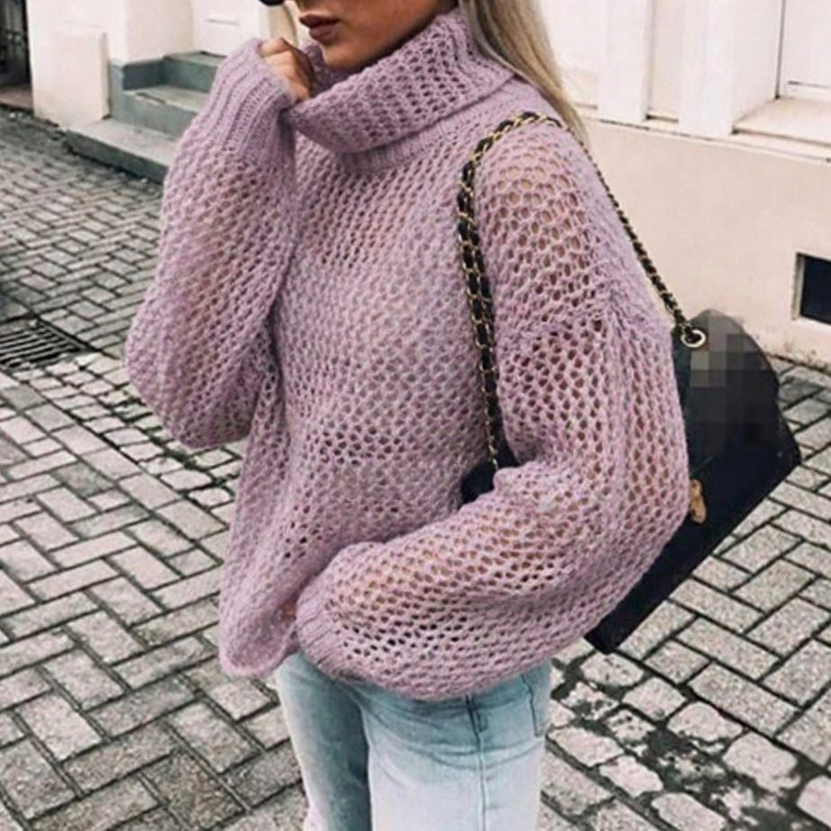 Charlotte | Women's Oversized Turtleneck Chunky Open-Knit Sweater with Balloon Sleeves - Purple