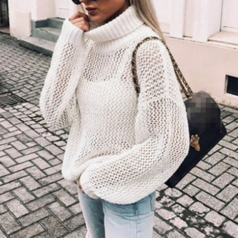 Charlotte | Women's Oversized Turtleneck Chunky Open-Knit Sweater with Balloon Sleeves - White
