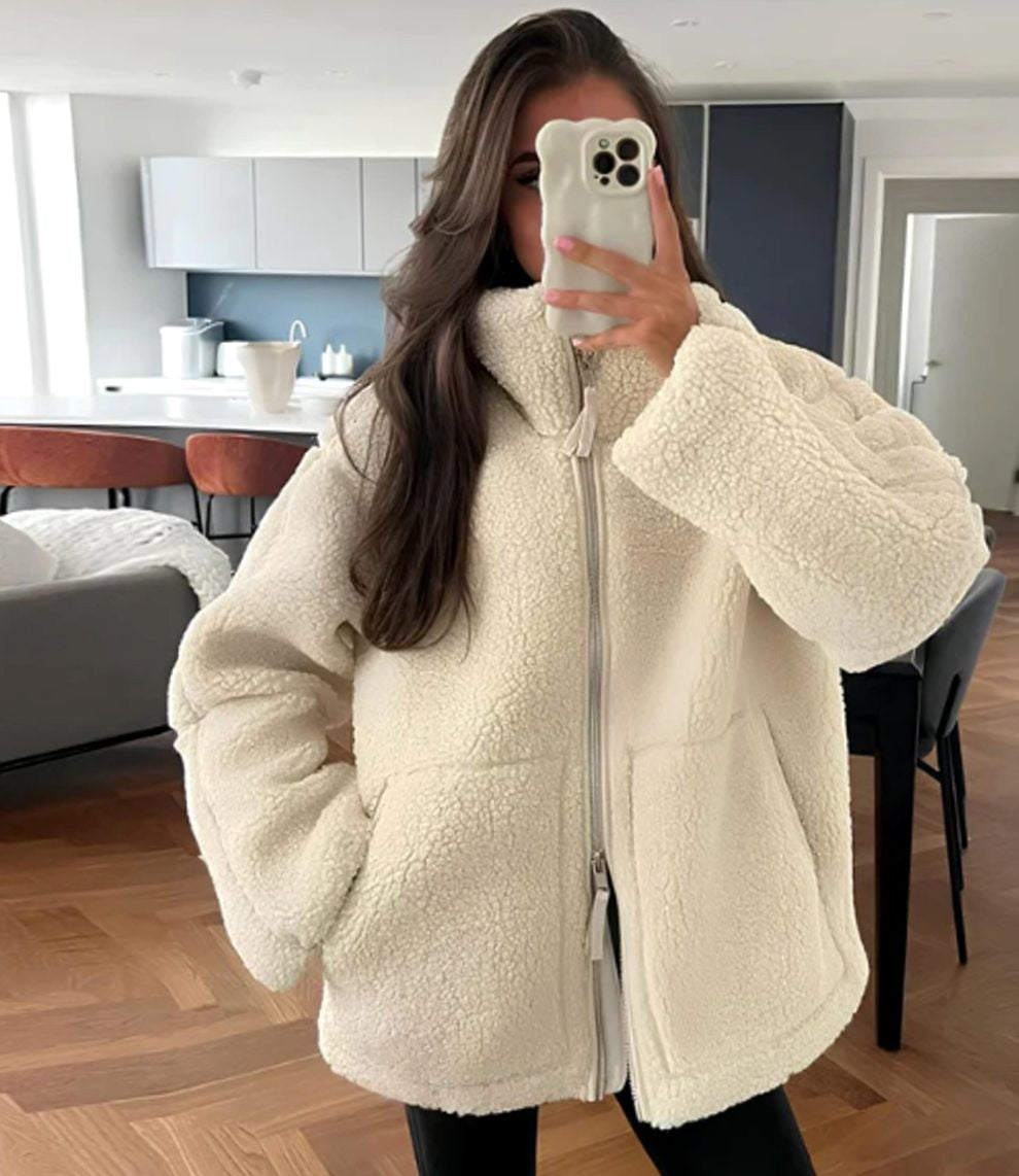 Charlotte | Women's Relaxed-Fit High-Neck Full-Zip Teddy Fleece Jacket - White