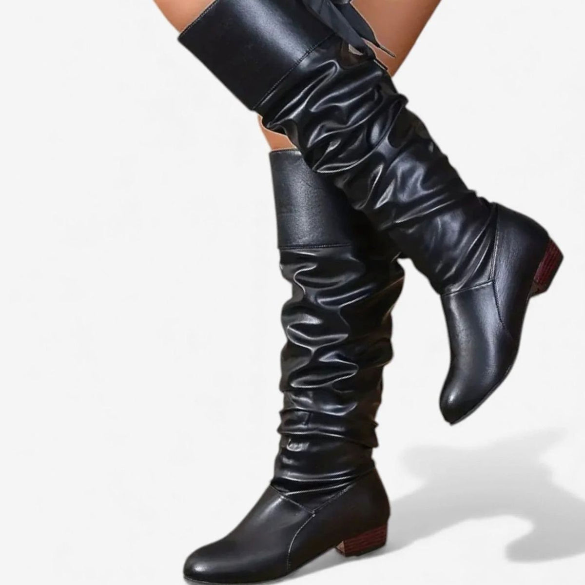 Charlotte | Women's Slouchy Mid-Calf Low Block Heel Bow-Back Boots - Black