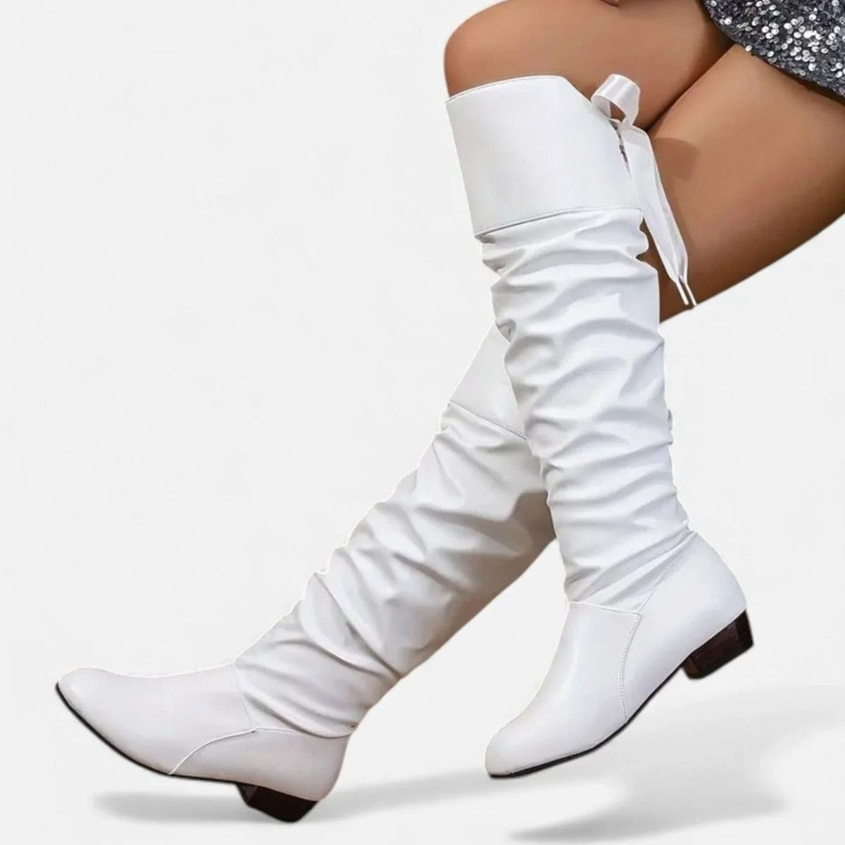 Charlotte | Women's Slouchy Mid-Calf Low Block Heel Bow-Back Boots - White