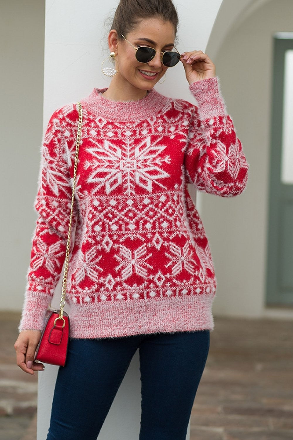 Daisy | Women's Christmas Jumper Snowflake Patterned Round-Neck Long-Sleeve Knit - Blue