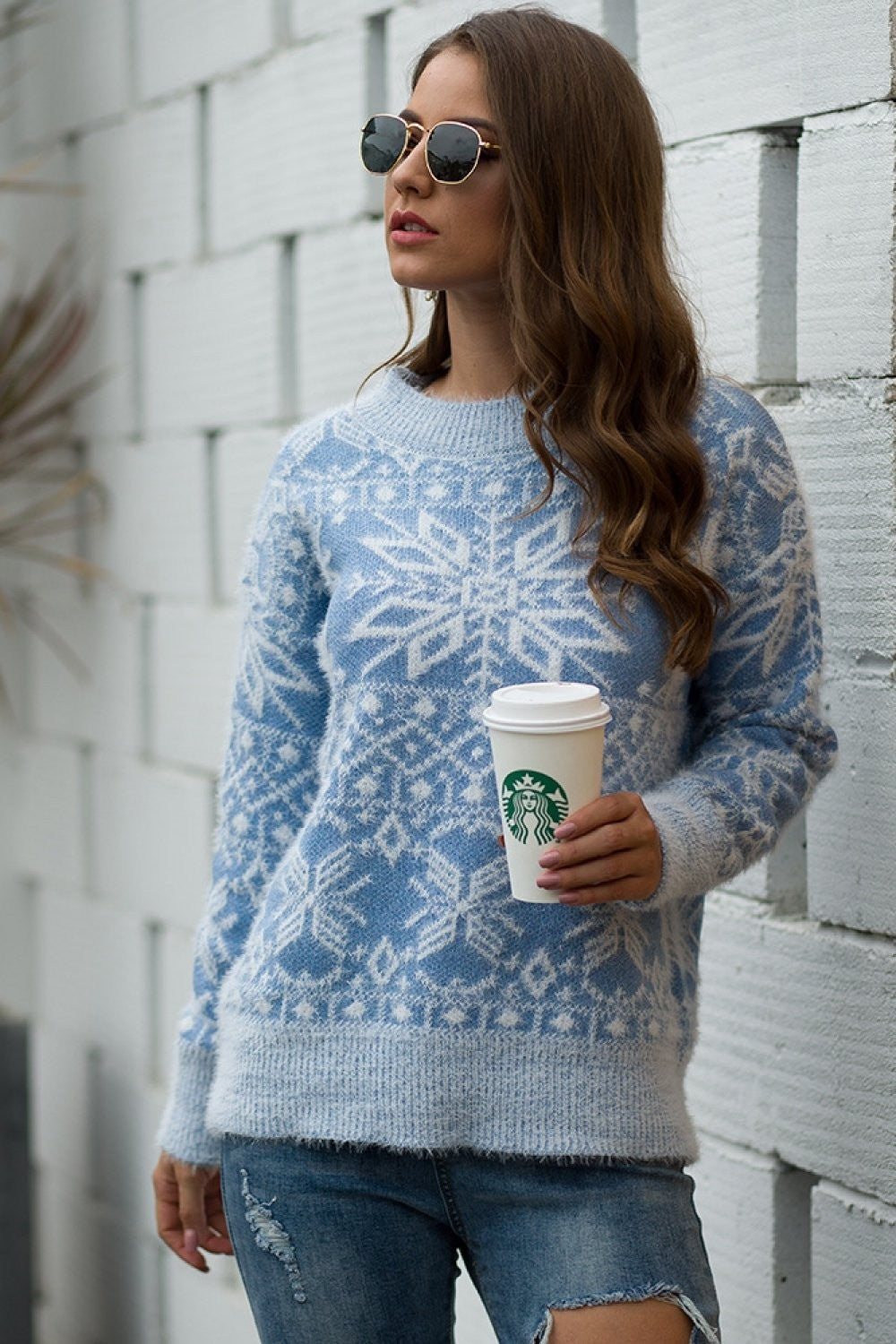 Daisy | Women's Christmas Jumper Snowflake Patterned Round-Neck Long-Sleeve Knit - Blue