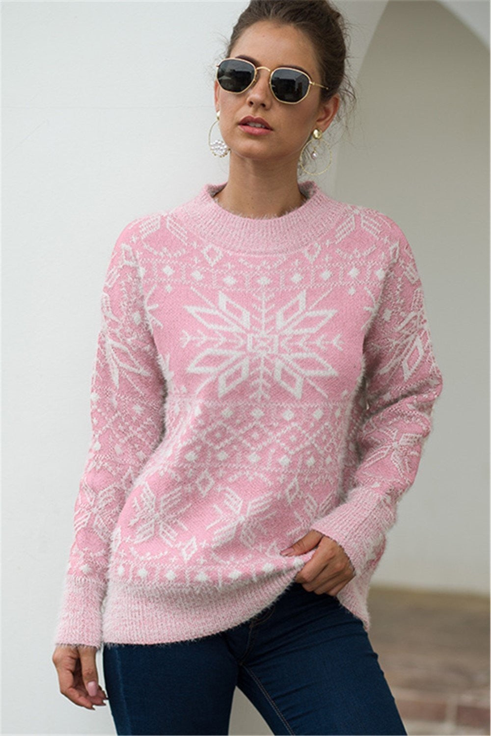 Daisy | Women's Christmas Jumper Snowflake Patterned Round-Neck Long-Sleeve Knit - Blue