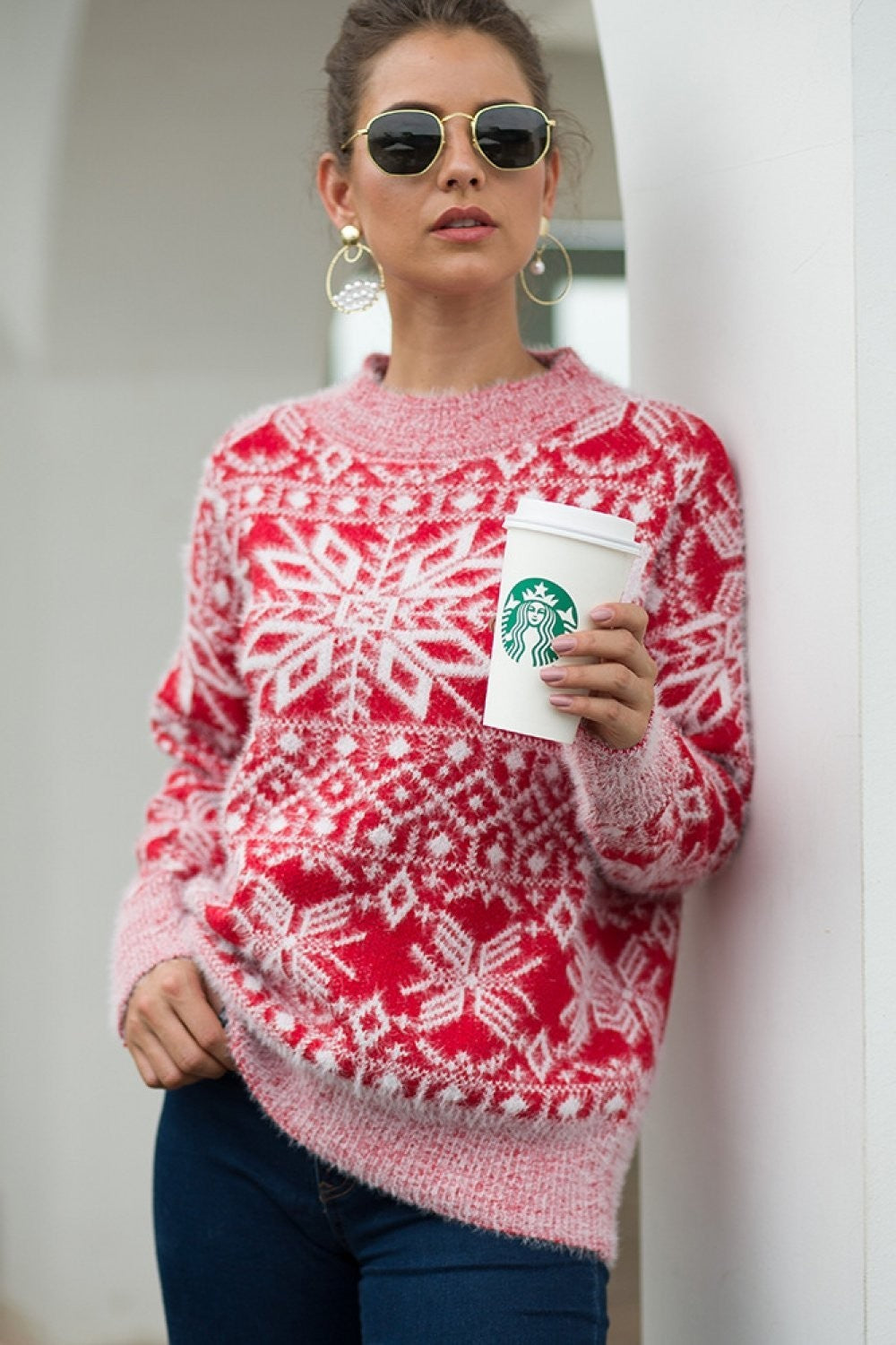 Daisy | Women's Christmas Jumper Snowflake Patterned Round-Neck Long-Sleeve Knit - Red
