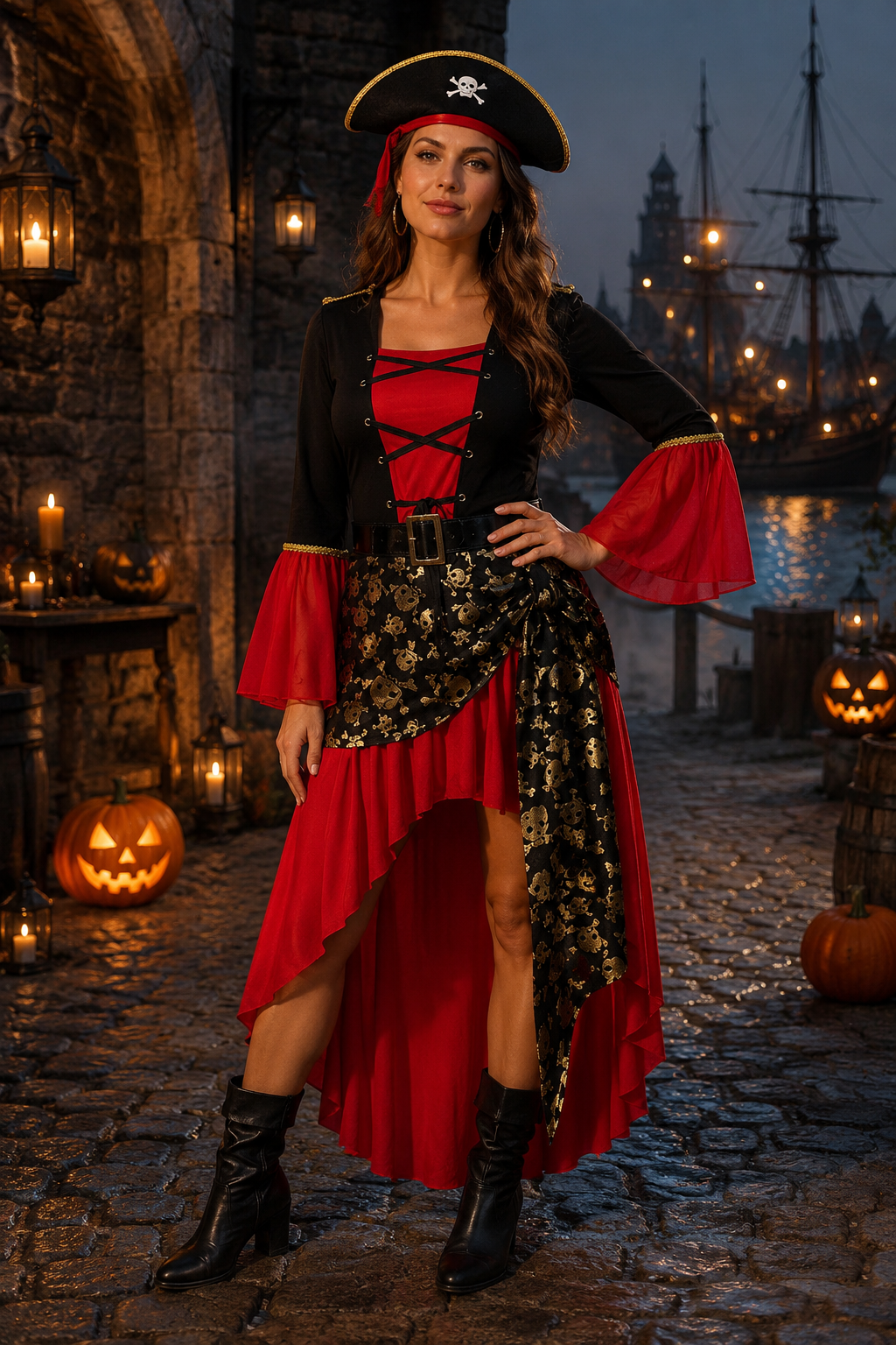 Daisy | Women's Lace-Up Bell-Sleeve High-Low Skull-Print Pirate Costume - Red