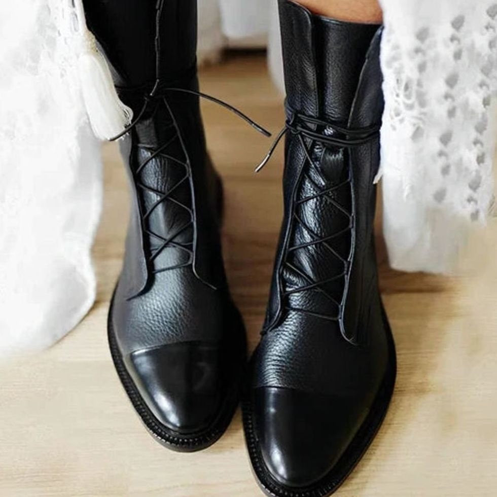 Daisy | Women's Lace-Up Cap-Toe Mid-Calf Vegan Leather Boots - Black