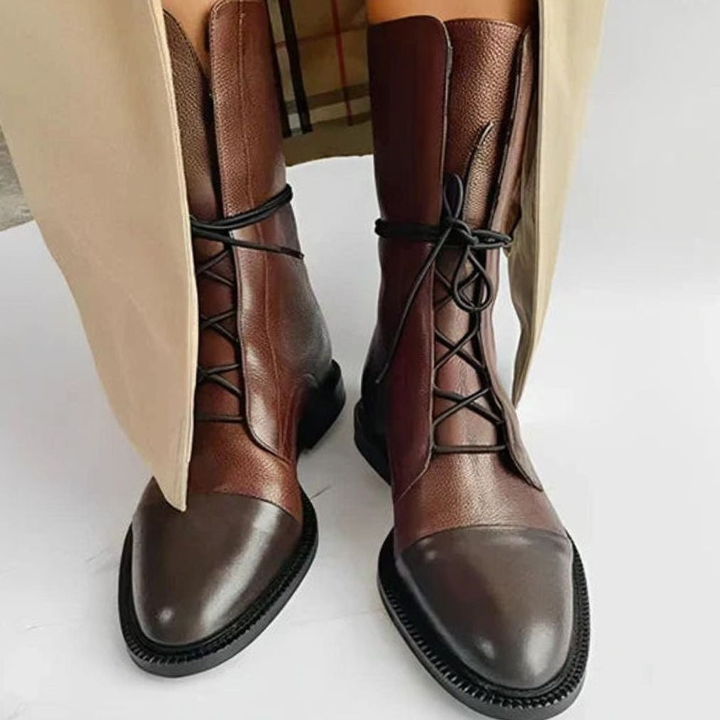 Daisy | Women's Lace-Up Cap-Toe Mid-Calf Vegan Leather Boots - Brown