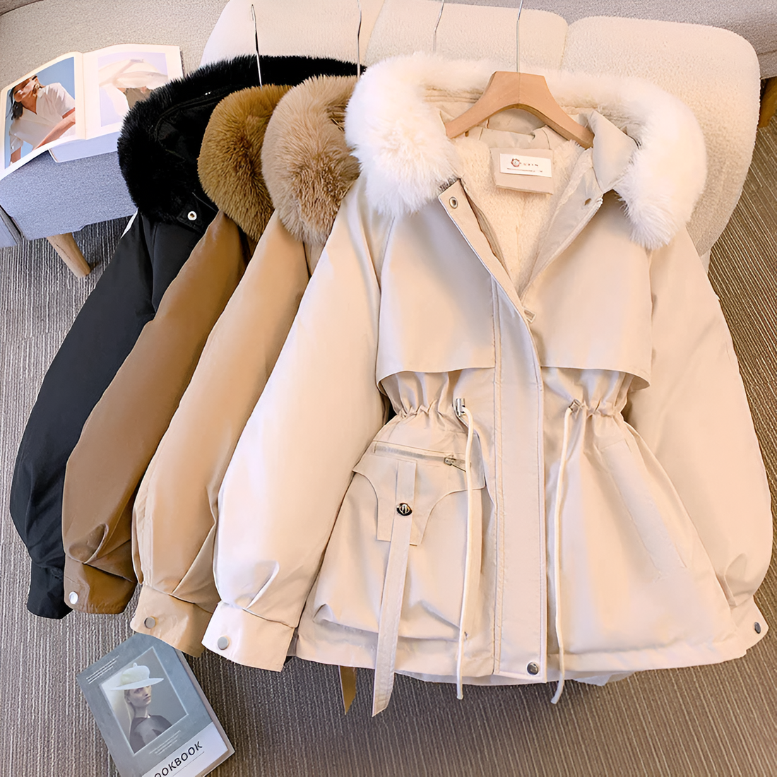 Daisy | Women's Oversized Parka with Fur-Lined Hood Fleece-Backed Waist Drawstring - White