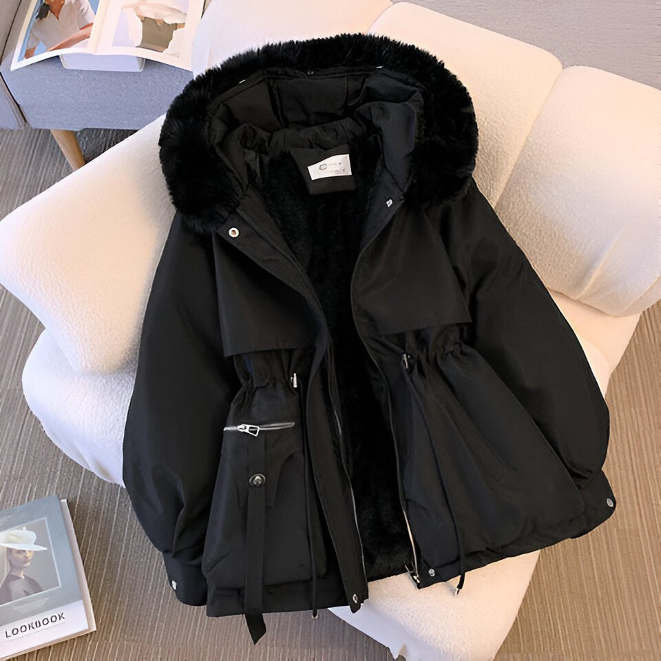 Daisy | Women's Oversized Parka with Fur-Lined Hood Fleece-Backed Waist Drawstring - Black