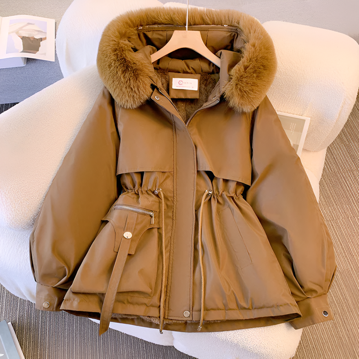 Daisy | Women's Oversized Parka with Fur-Lined Hood Fleece-Backed Waist Drawstring - Kaffee