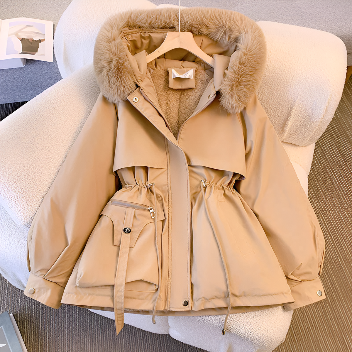 Daisy | Women's Oversized Parka with Fur-Lined Hood Fleece-Backed Waist Drawstring - Khaki