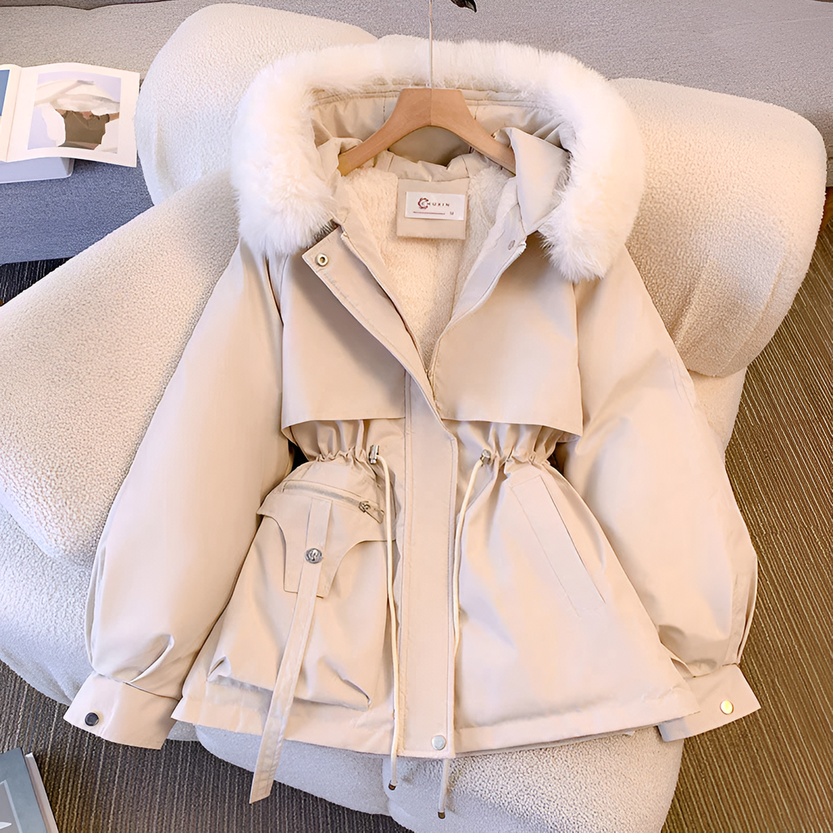 Daisy | Women's Oversized Parka with Fur-Lined Hood Fleece-Backed Waist Drawstring - White