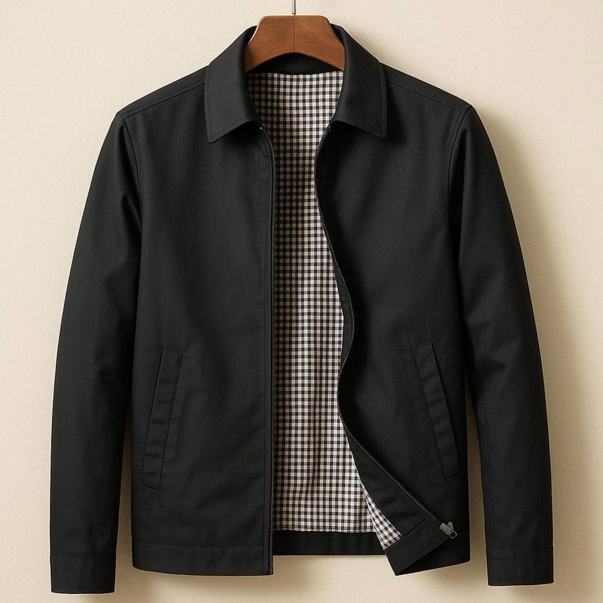 Edward | Men's Full-Zip Harrington Jacket with Gingham Lining and Shirt Collar - Black