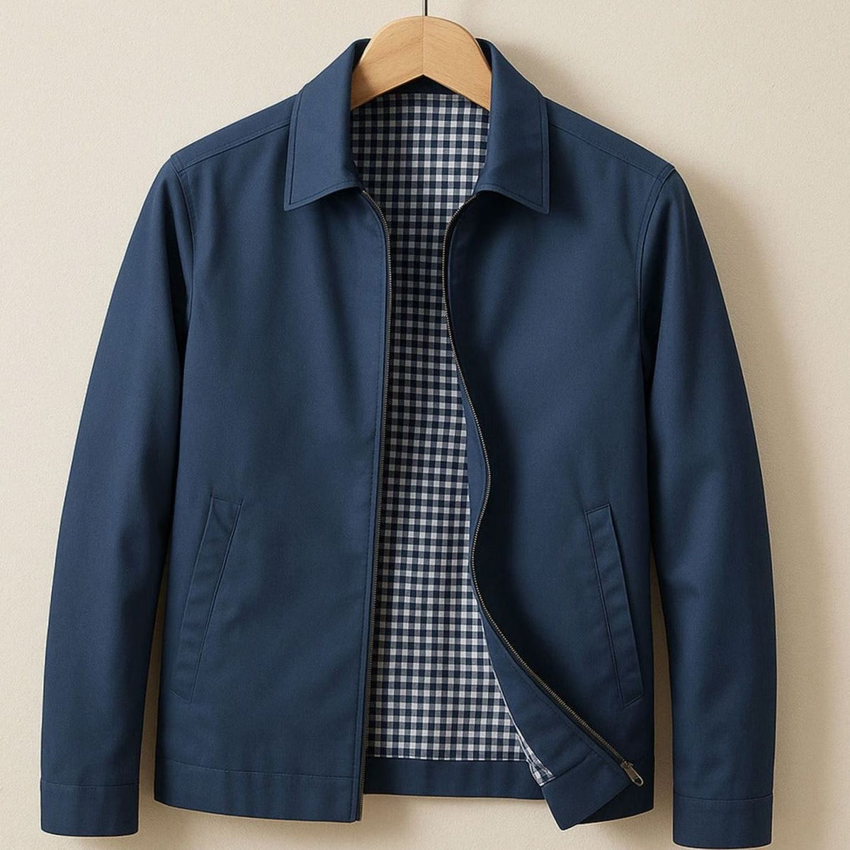 Edward | Men's Full-Zip Harrington Jacket with Gingham Lining and Shirt Collar - Blue