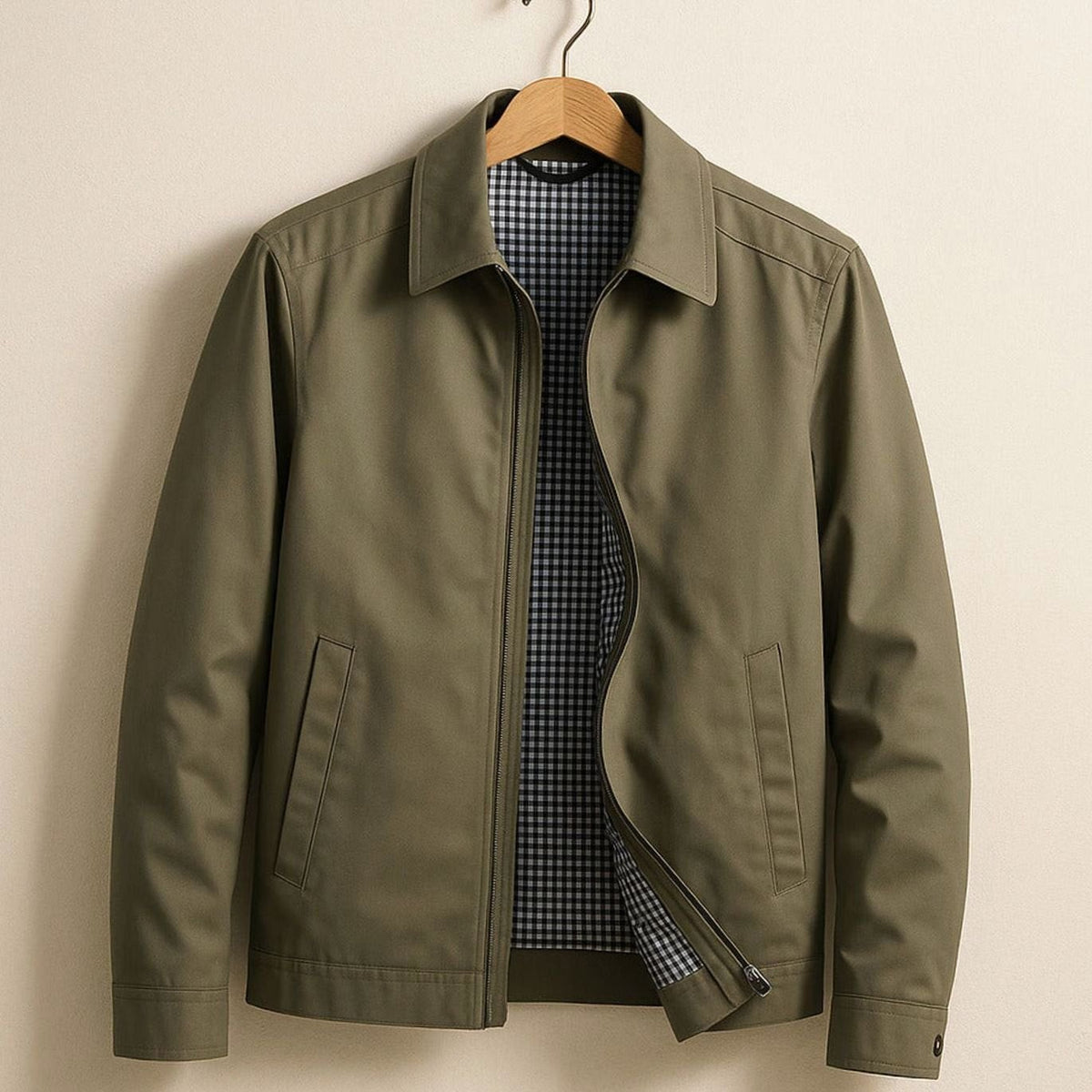 Edward | Men's Full-Zip Harrington Jacket with Gingham Lining and Shirt Collar - Khaki