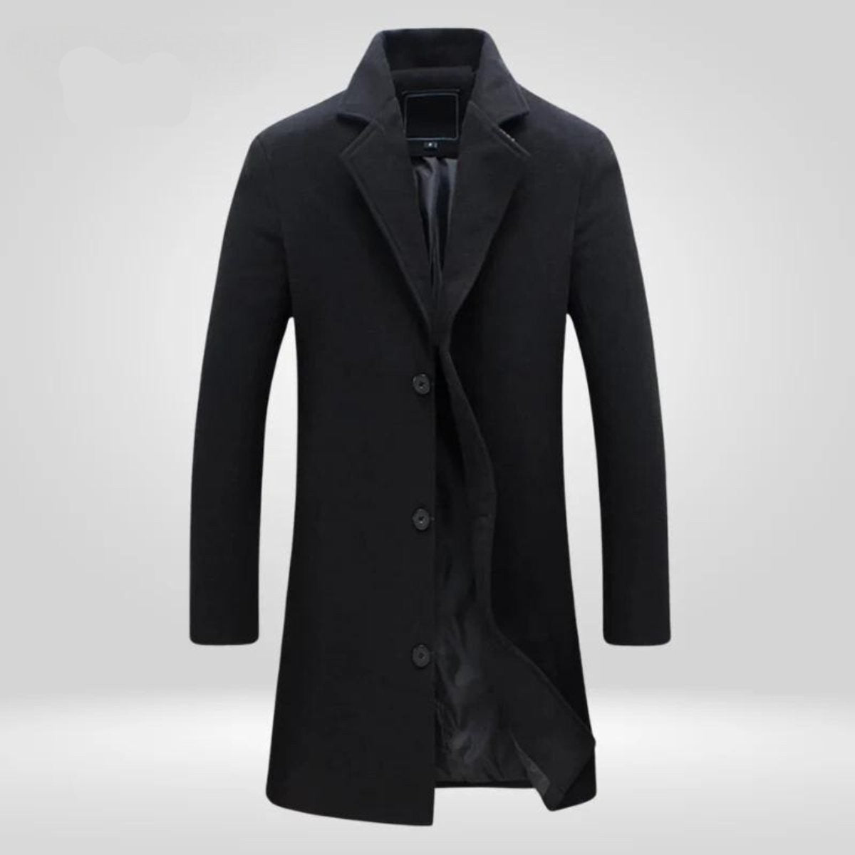 Edward | Men's Single-Breasted Notch Lapel Knee-Length Wool Overcoat - Black