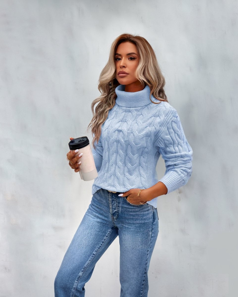 Ella | Women's Cable Knit Ribbed Turtleneck Relaxed Fit Jumper - Blue