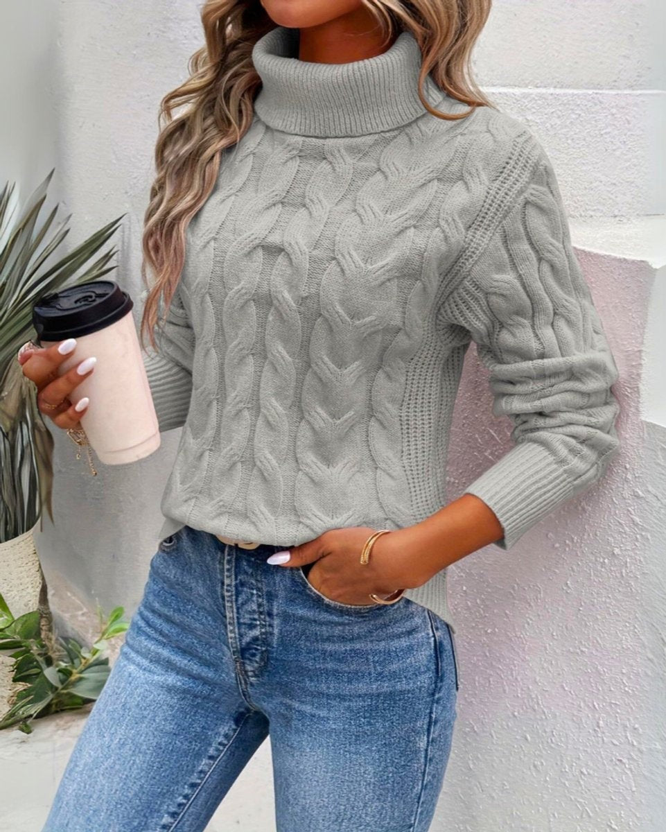 Ella | Women's Cable Knit Ribbed Turtleneck Relaxed Fit Jumper - Gray