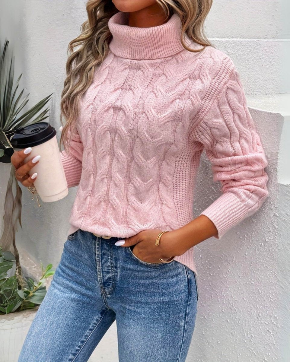 Ella | Women's Cable Knit Ribbed Turtleneck Relaxed Fit Jumper - Pink