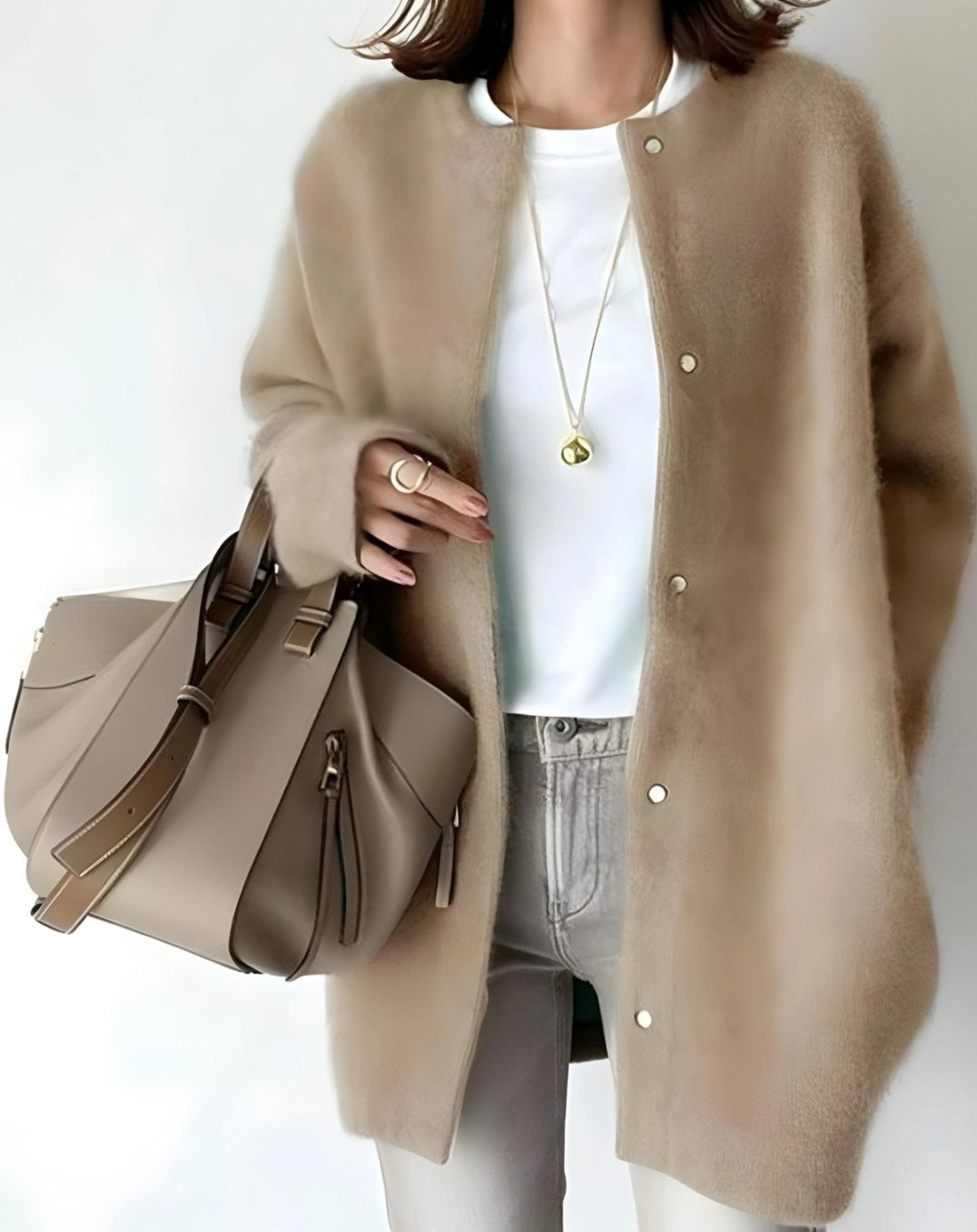 Ella | Women's Longline Crew Neck Snap-Button Relaxed-Fit Cardigan - Beige