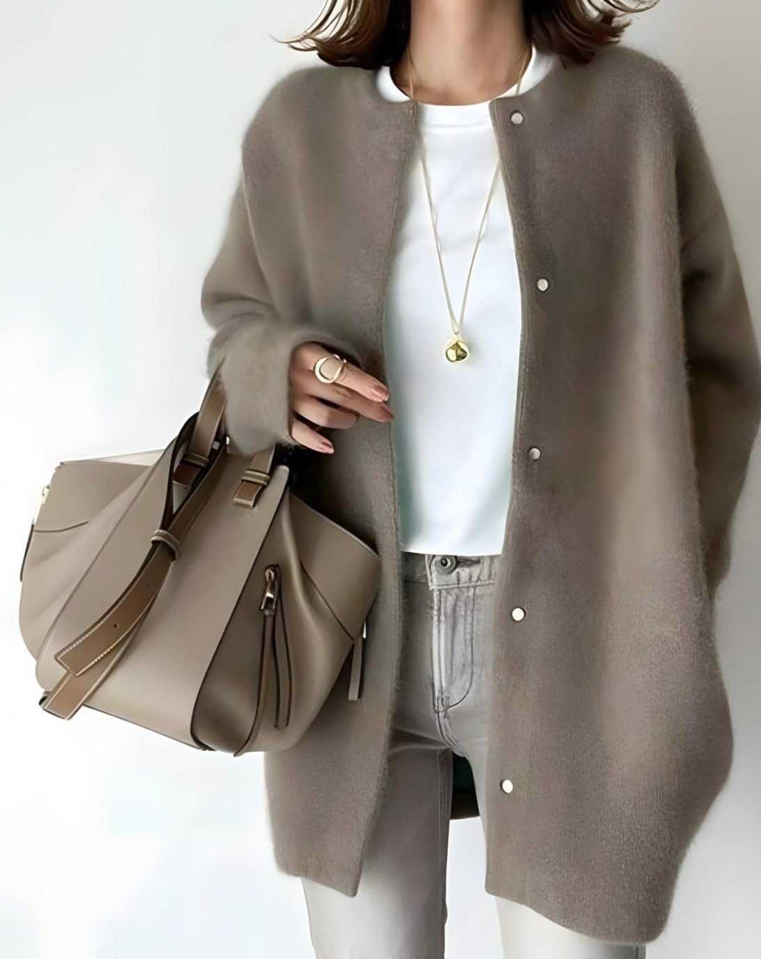 Ella | Women's Longline Crew Neck Snap-Button Relaxed-Fit Cardigan - Beige