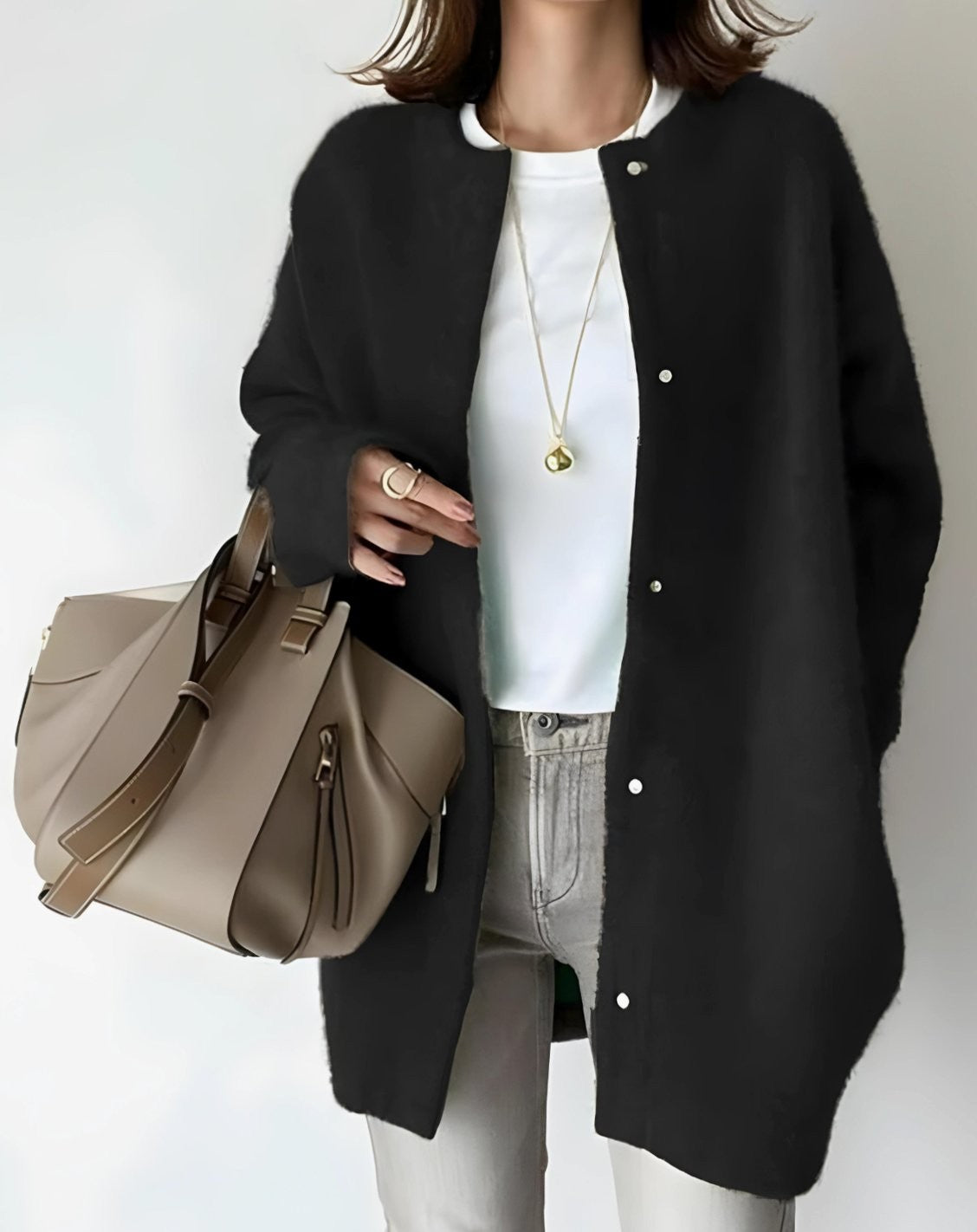 Ella | Women's Longline Crew Neck Snap-Button Relaxed-Fit Cardigan - Black