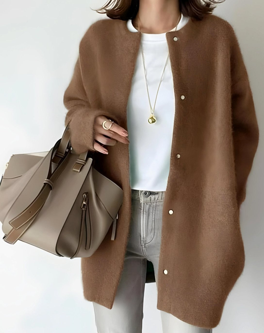 Ella | Women's Longline Crew Neck Snap-Button Relaxed-Fit Cardigan - Brown