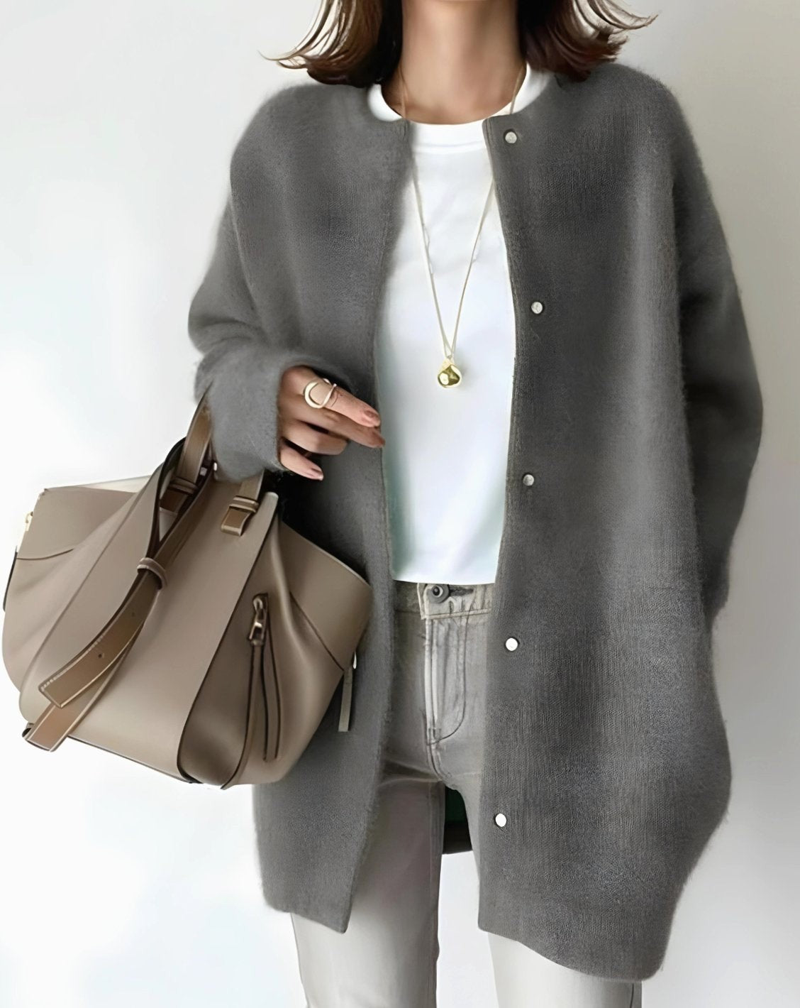 Ella | Women's Longline Crew Neck Snap-Button Relaxed-Fit Cardigan - Dark Brown