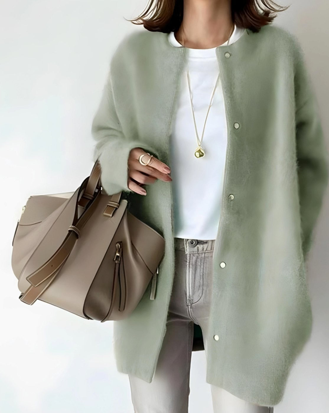 Ella | Women's Longline Crew Neck Snap-Button Relaxed-Fit Cardigan - Green