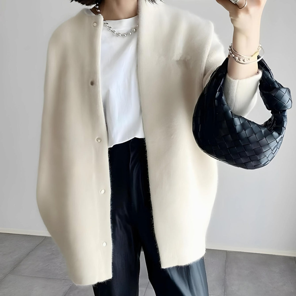 Ella | Women's Longline Crew Neck Snap-Button Relaxed-Fit Cardigan - White