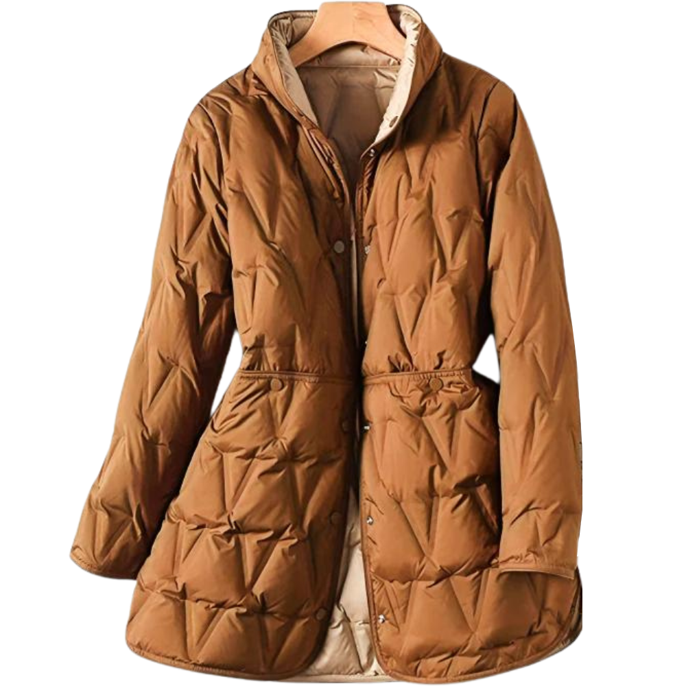 Ella | Women's Quilted A-Line Puffer Jacket with Stand Collar and Snap Fastening - Bernsteingold