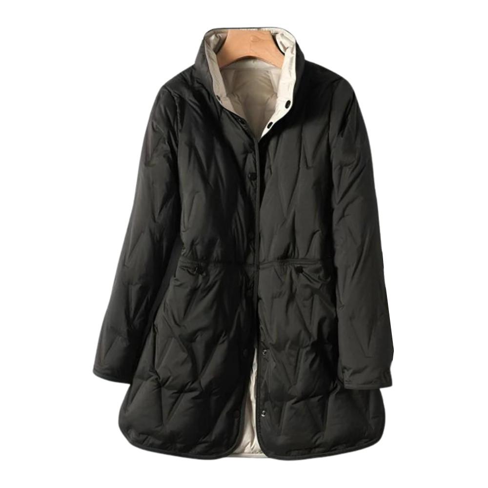 Ella | Women's Quilted A-Line Puffer Jacket with Stand Collar and Snap Fastening - Black