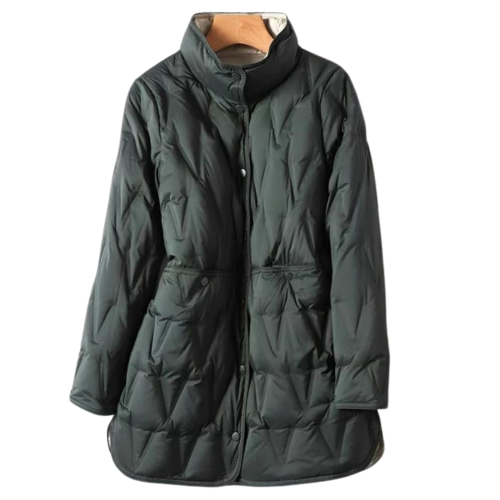 Ella | Women's Quilted A-Line Puffer Jacket with Stand Collar and Snap Fastening - Dunkelgrün