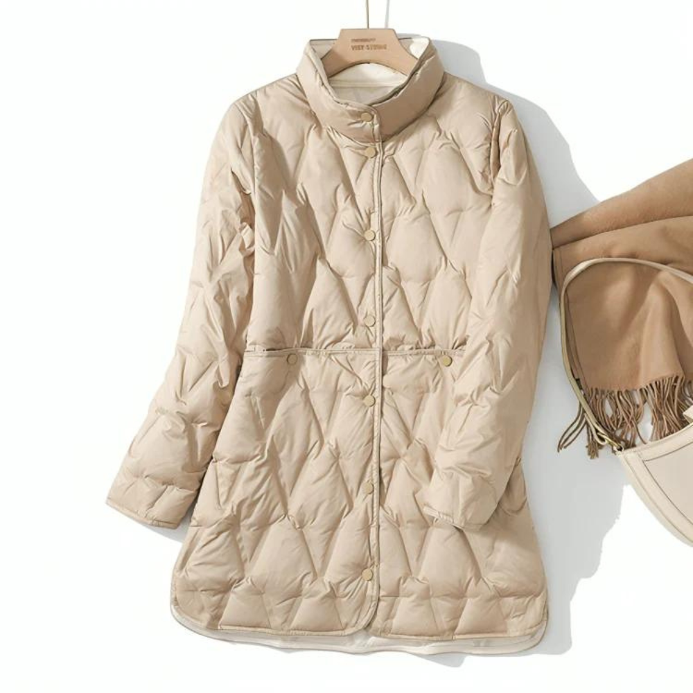 Ella | Women's Quilted A-Line Puffer Jacket with Stand Collar and Snap Fastening - Khaki