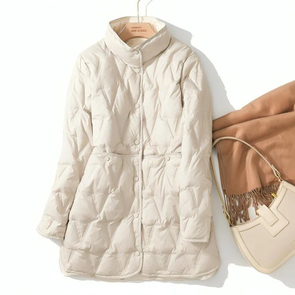 Ella | Women's Quilted A-Line Puffer Jacket with Stand Collar and Snap Fastening - Witz