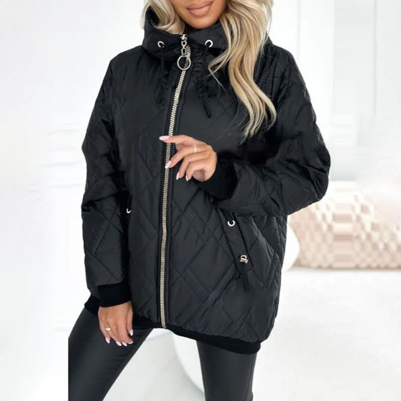 Ella | Women's Quilted Hooded Full-Zip Winter Jacket with Contrast Ribbing - Black