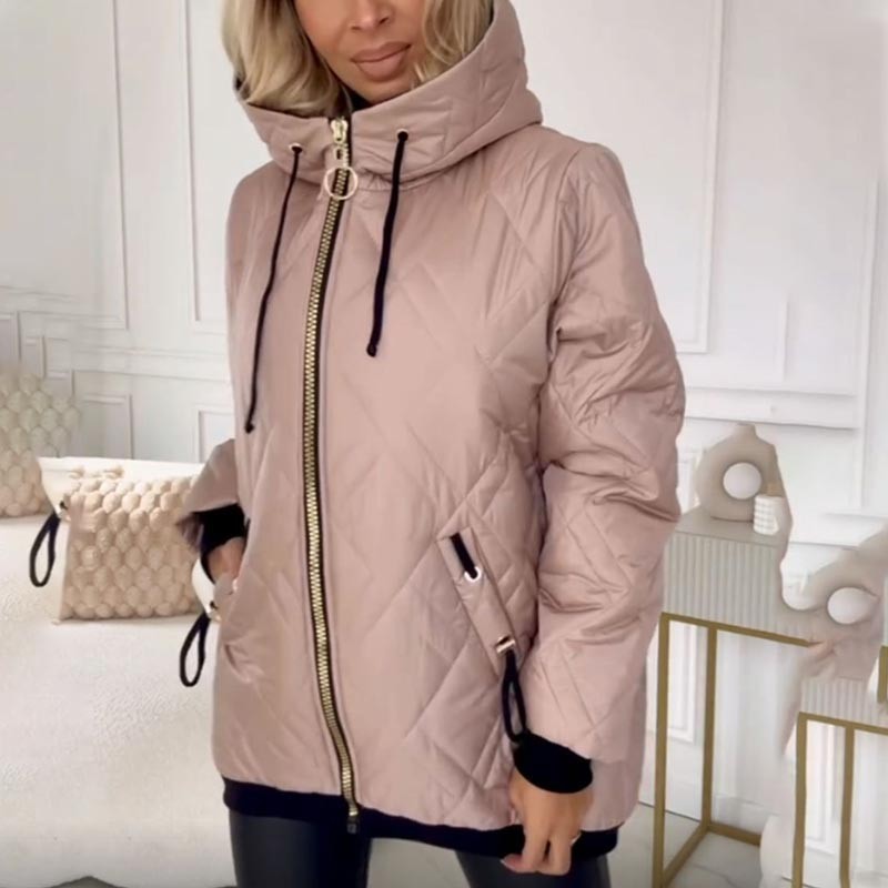 Ella | Women's Quilted Hooded Full-Zip Winter Jacket with Contrast Ribbing - Pink