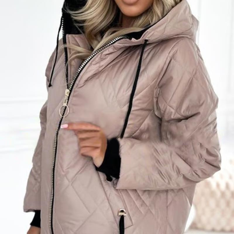 Ella | Women's Quilted Hooded Full-Zip Winter Jacket with Contrast Ribbing - Pink