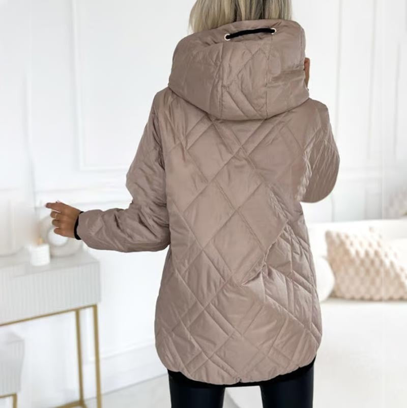 Ella | Women's Quilted Hooded Full-Zip Winter Jacket with Contrast Ribbing - Pink