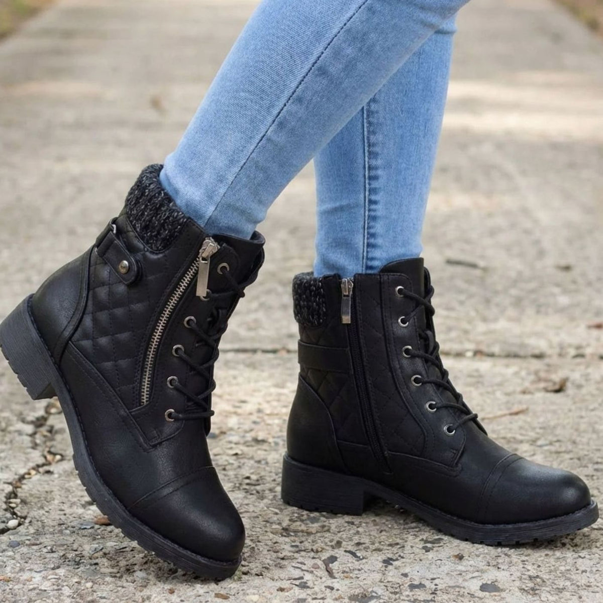 Ella | Women's Quilted Vegan-Vegan Leather Lace-Up Block-Heel Ankle Boots - Black