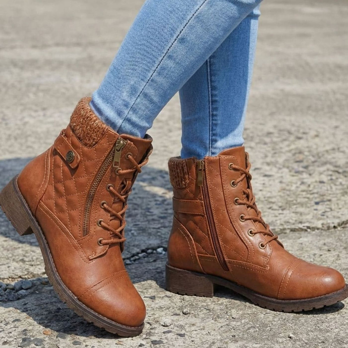 Ella | Women's Quilted Vegan-Vegan Leather Lace-Up Block-Heel Ankle Boots - Brown