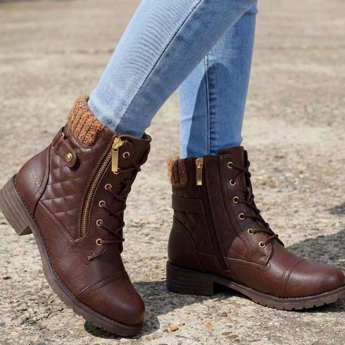 Ella | Women's Quilted Vegan-Vegan Leather Lace-Up Block-Heel Ankle Boots - Dark Brown