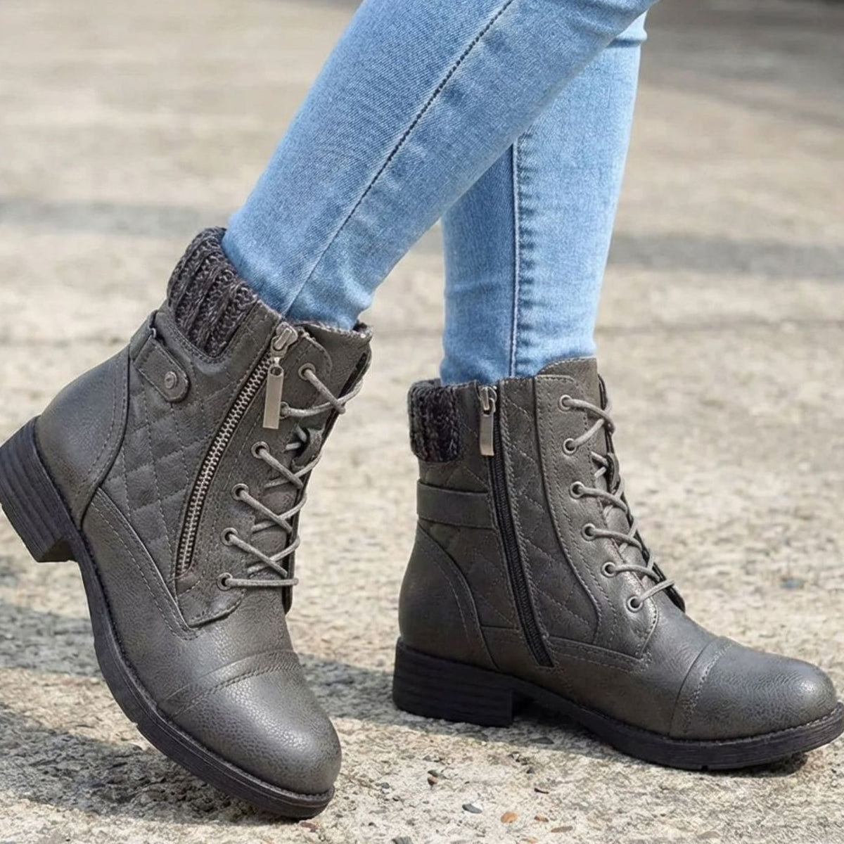 Ella | Women's Quilted Vegan-Vegan Leather Lace-Up Block-Heel Ankle Boots - Gray