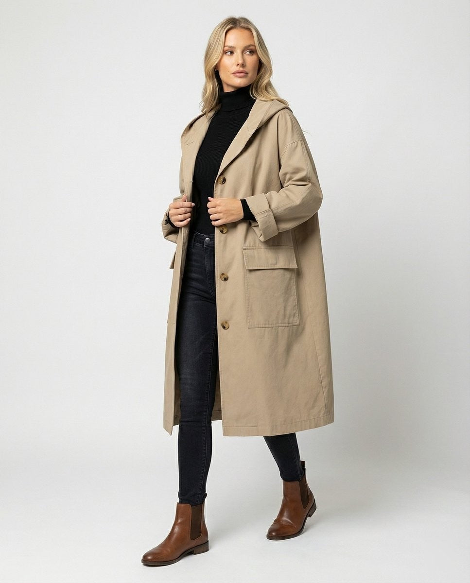 Ella | Women's Relaxed-Fit Knee-Length Hooded Button-Front Trench Coat - Beige