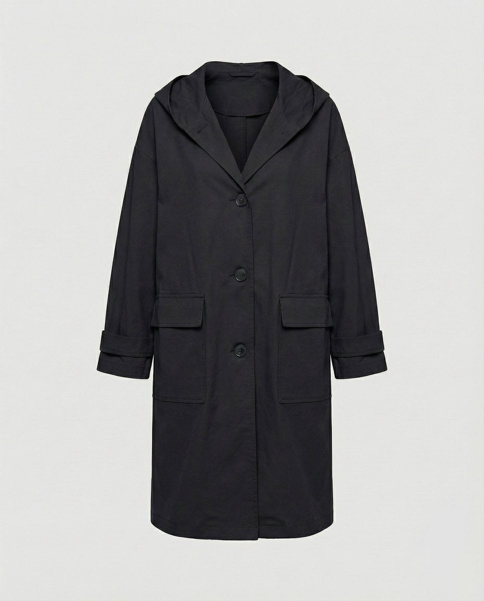 Ella | Women's Relaxed-Fit Knee-Length Hooded Button-Front Trench Coat - Black